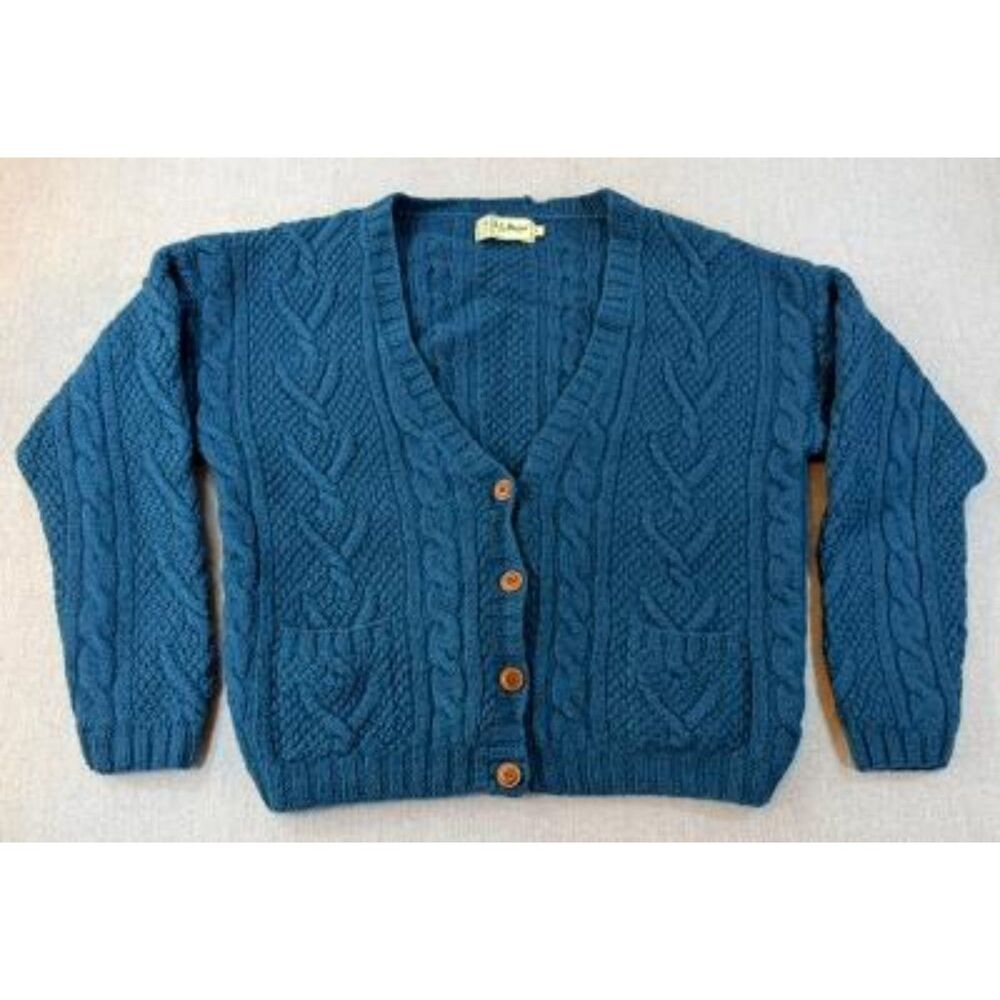 LL Bean Cable Knit Cardigan Sweater Women's L 100% Wool Cream Fisherman Vintage